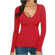 Fanxing Trendy Womens V Neck Tops Slim Fit Long Sleeve Shirts Basic Tight Y2K T Shirts Winter Clothes 2025